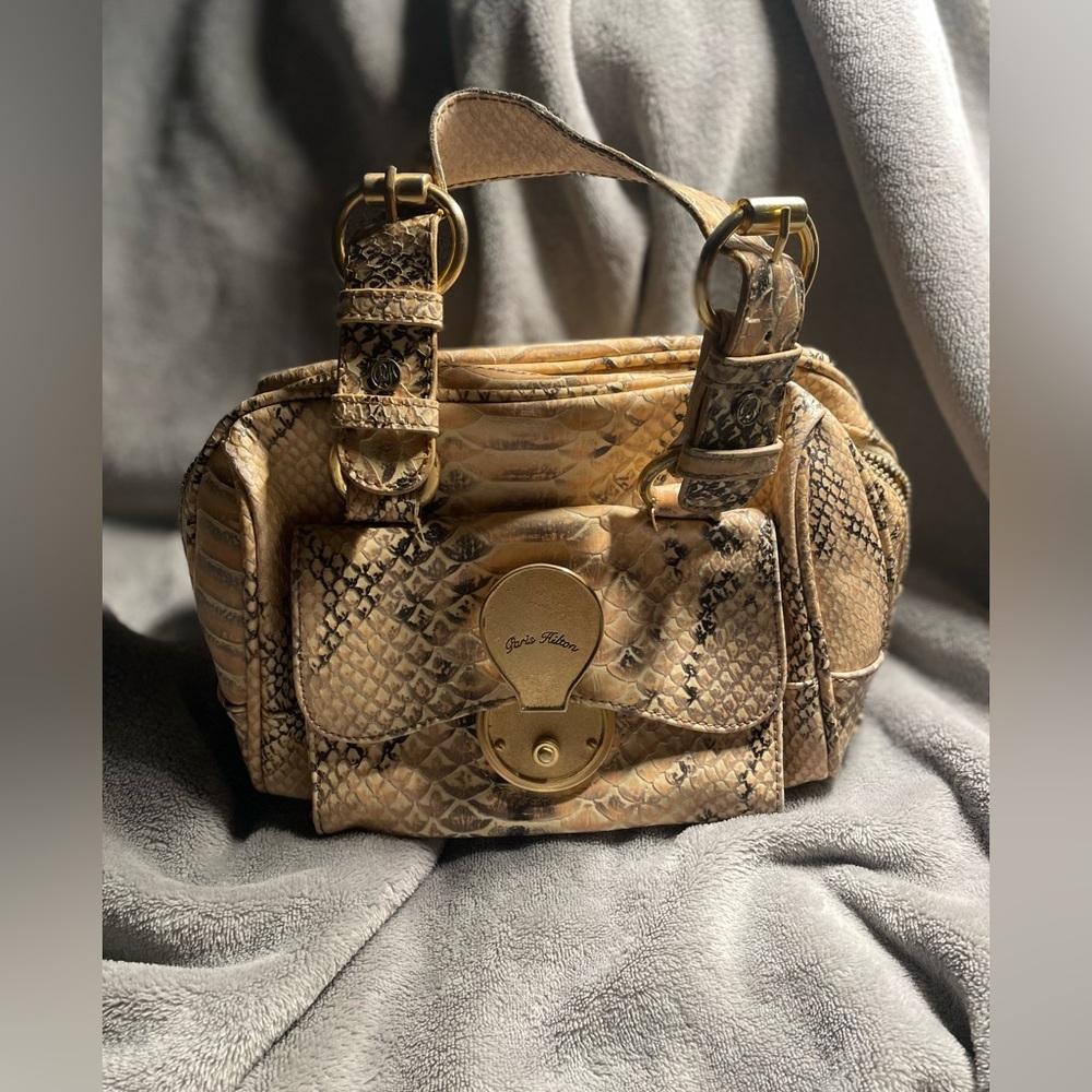 Paris Hilton Snake Skin Leather Gold Handbag Vintage Preloved Bag Y2K